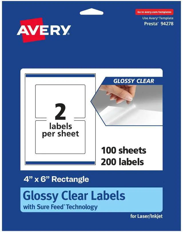 Main image of Glossy Clear Rectangle Labels, Sure Feed Technology, 4" x 6", 200 Glossy Clear Labels, Print-to-The-Edge, Laser/Inkjet Printable