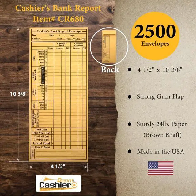 Alt view image 2 of 5 - 2500 Cashier Depot - Cashier's Bank Report Envelopes CR680, 4 1/2" x 10 3/8", Sturdy 24lb. Brown Kraft, Gum Flap Cash Bank Deposit Envelopes for Retail, Restaurants, Casinos, Hotels & Small Business