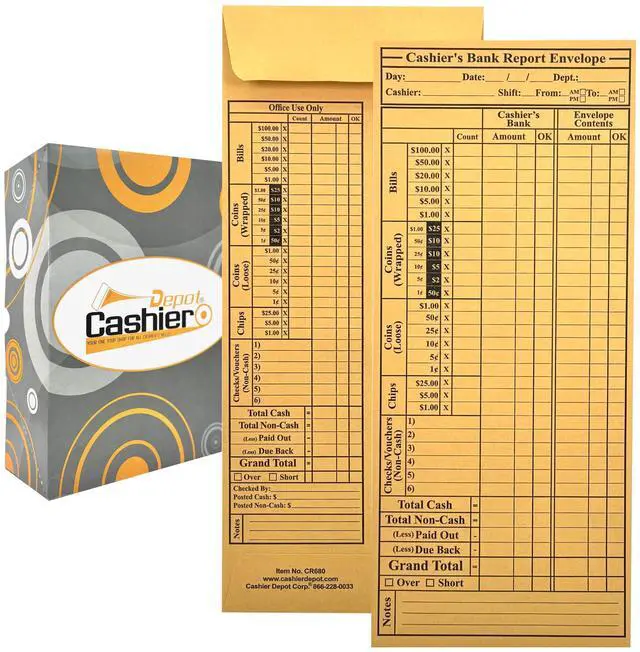 Main image of 2500 Cashier Depot - Cashier's Bank Report Envelopes CR680, 4 1/2" x 10 3/8", Sturdy 24lb. Brown Kraft, Gum Flap Cash Bank Deposit Envelopes for Retail, Restaurants, Casinos, Hotels & Small Business