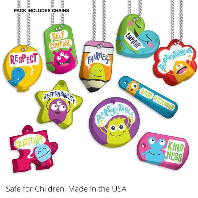 Alt view image 5 of 7 - Brag Tags Build & Support Good Character Traits & Behavior in Kids & Students Monthly Character Value Pack: 500 Brag Tags (50 for Each Design) + 150 USA-Made, Hypoallergenic 24" Aluminum Safety Chains