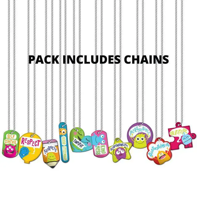 Alt view image 6 of 7 - Brag Tags Build & Support Good Character Traits & Behavior in Kids & Students Monthly Character Value Pack: 500 Brag Tags (50 for Each Design) + 150 USA-Made, Hypoallergenic 24" Aluminum Safety Chains