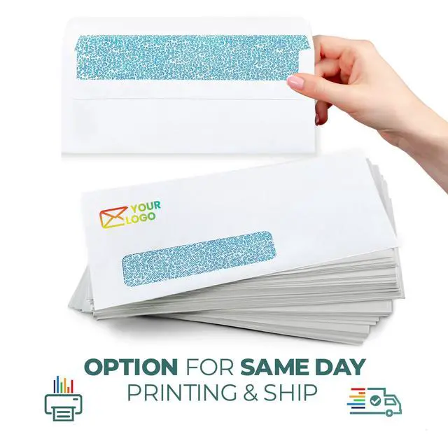 Alt view image 6 of 7 - #10 Single Left Window Custom Printed Business Envelopes, 1000-Pack - Self Seal Security Envelopes, Flip & Stick Closure, Text and Logo Customization, Privacy Tint, 24lb, 4 1/8 x 9 1/2 Inches