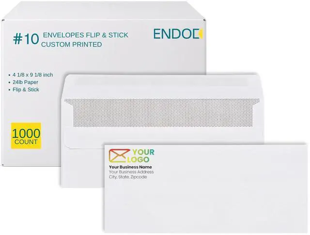 Main image of 1000#10 Custom Printed Envelopes Flip & Stick - Self Seal, Security Tinted, #10 Custom Business Envelopes with Logo and Text, Personalized Envelopes, White 24 lb Paper, 4 1/8 x 9 1/2 Inch
