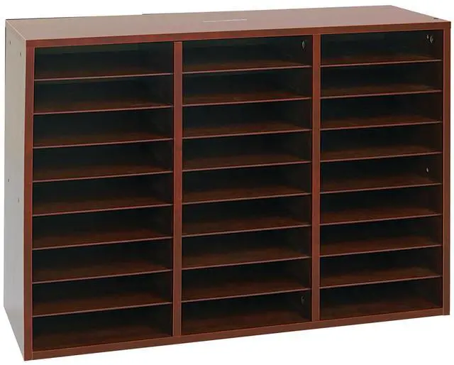 Main image of Classroom Mahogany Mail Center - 27 Slots - 32" W x 12" D x 23" H - Office Mailboxes, Mail Sorter, Classroom Organization, Mailbox Organizer for Students and Teachers