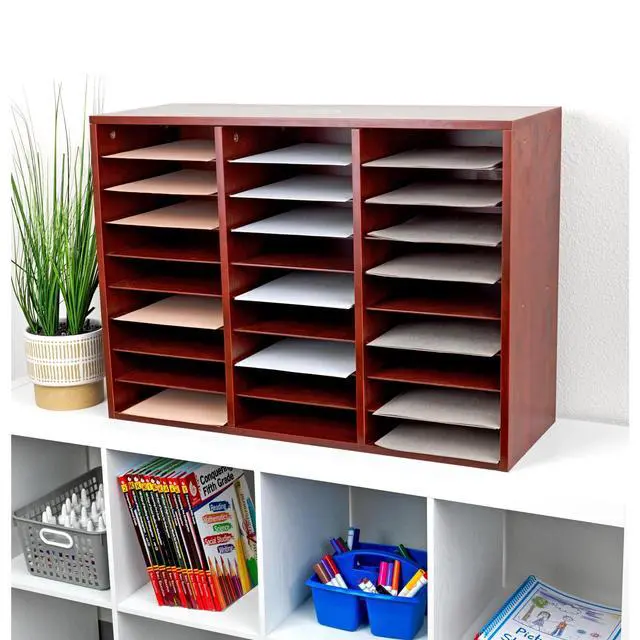 Alt view image 6 of 7 - Classroom Mahogany Mail Center - 27 Slots - 32" W x 12" D x 23" H - Office Mailboxes, Mail Sorter, Classroom Organization, Mailbox Organizer for Students and Teachers