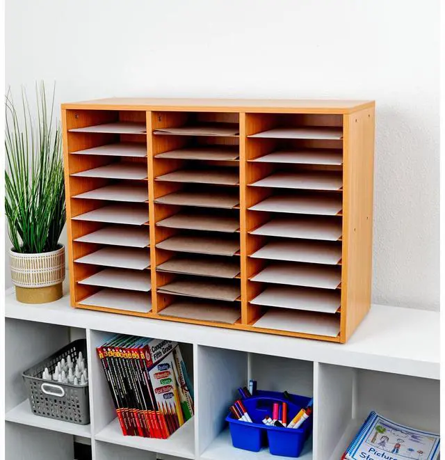 Alt view image 5 of 7 - Classroom Oak Mail Center - 27 Slots - 32" W x 12" D x 23½" H | Office Mailboxes, Mail Sorter, Organizer, Mailbox for Students, Teachers