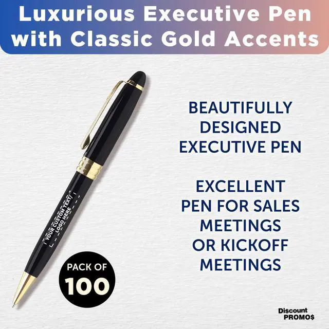 Alt view image 3 of 7 - 100 Ultra Executive Pens Pack - Customizable Text, Logo - Twist To Write, Gold Accent - Black