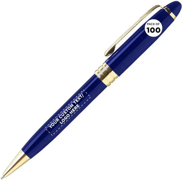 Main image of 100 Ultra Executive Pens Pack - Customizable Text, Logo - Twist To Write, Gold Accent - Blue