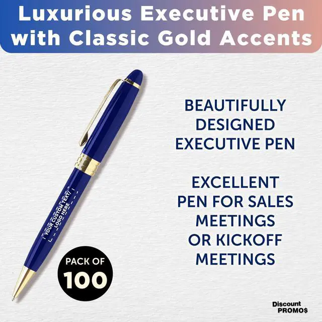 Alt view image 3 of 7 - 100 Ultra Executive Pens Pack - Customizable Text, Logo - Twist To Write, Gold Accent - Blue