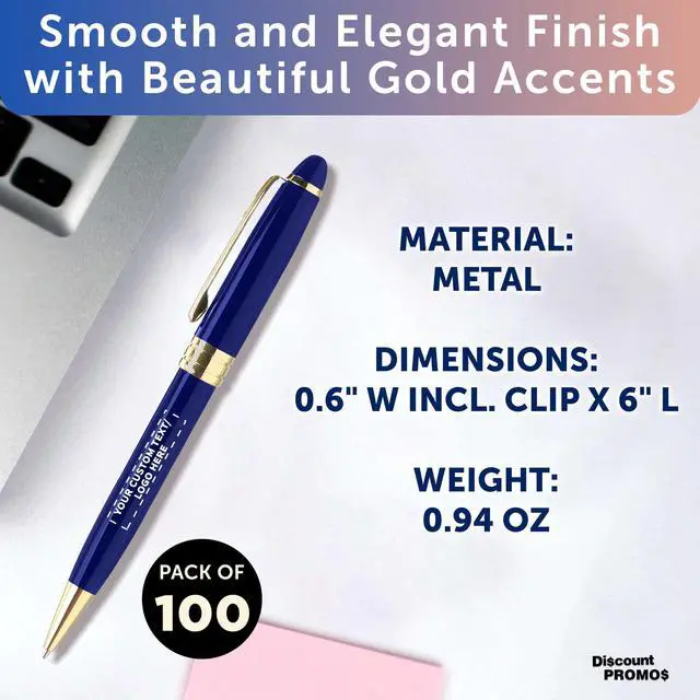 Alt view image 4 of 7 - 100 Ultra Executive Pens Pack - Customizable Text, Logo - Twist To Write, Gold Accent - Blue