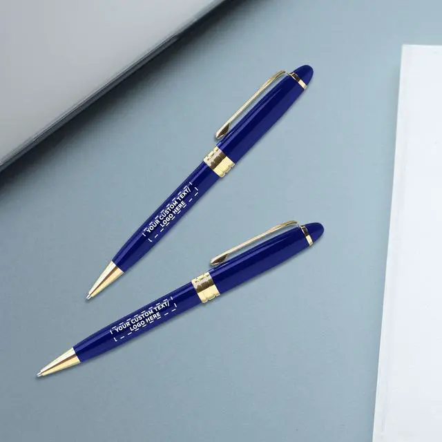 Alt view image 7 of 7 - 100 Ultra Executive Pens Pack - Customizable Text, Logo - Twist To Write, Gold Accent - Blue