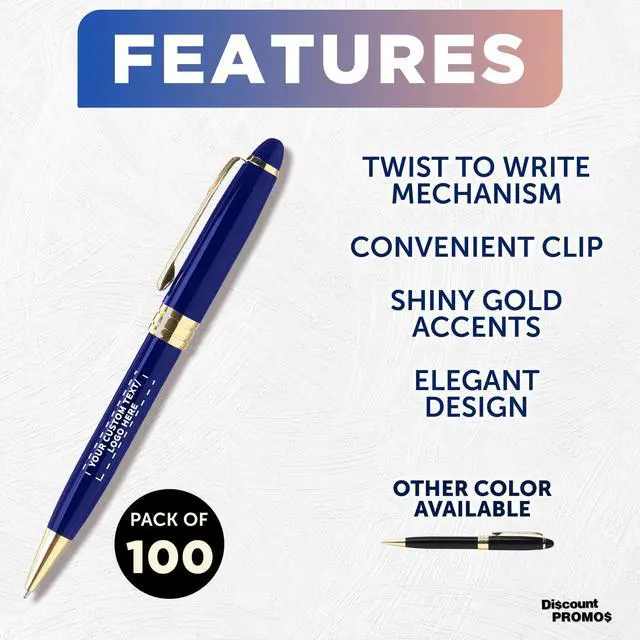 Alt view image 2 of 7 - 100 Ultra Executive Pens Pack - Customizable Text, Logo - Twist To Write, Gold Accent - Blue
