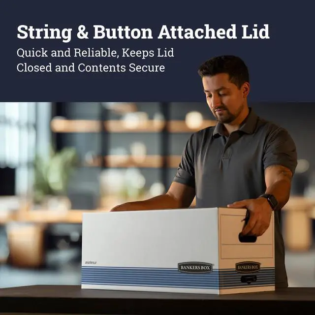 Alt view image 4 of 7 - Bankers Box 20-Pack String & Button Medium-Duty File Box, Letter, FastFold | Keep important records buttoned up with secure closure, FastFold setup, reinforced handles, and stackable strength