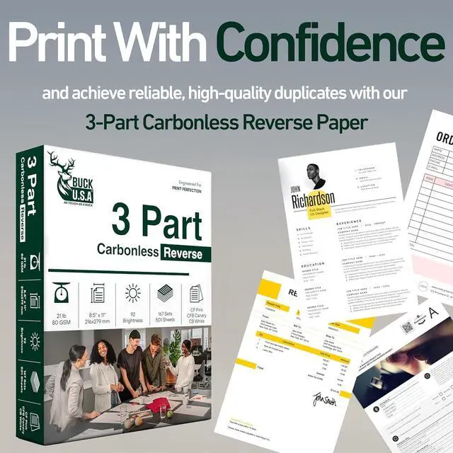 Alt view image 6 of 7 - 3 Part Reverse Carbonless NCR Paper (5900), 8 Reams, 8.5" x 11" Collated Paper, 1336 Sets, 4008 Sheets, 92 Bright, CF Pink/CFB Canary/CB White - Ideal for Laser & Digital Printers