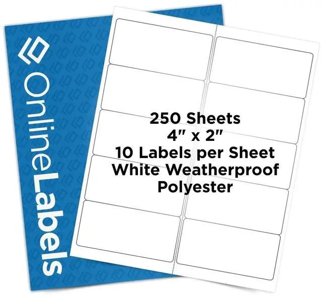 Main image of 4 x 2 Waterproof Mailing Labels (Laser Printers Only) Permanent, Semi-Gloss - Pack of 2,500 Labels, 250 Sheets - OnlineLabels