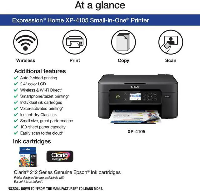 Alt view image 2 of 5 - Expression Home XP-4105 Wireless All-in-One Color Inkjet Printer, Black - Print Copy Scan - 10.0 ppm, 5760 x 1440 dpi, 2.4" LCD, Auto 2-Sided Printing, Voice Activated, DAODYANG Printer_Cable