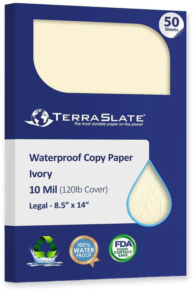 Main image of Waterproof Paper, Rip-Proof Colored Paper, Ivory, 50 Sheets, 10 Mil (120 lb Cover), 8.5 x 14, Laser Printer and Copy Machine Compatible