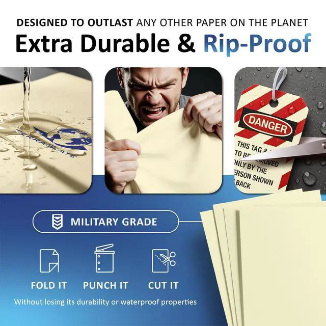 Alt view image 3 of 6 - Waterproof Paper, Rip-Proof Colored Paper, Ivory, 50 Sheets, 10 Mil (120 lb Cover), 8.5 x 14, Laser Printer and Copy Machine Compatible