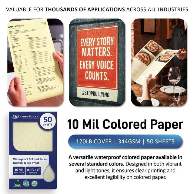 Alt view image 6 of 6 - Waterproof Paper, Rip-Proof Colored Paper, Ivory, 50 Sheets, 10 Mil (120 lb Cover), 8.5 x 14, Laser Printer and Copy Machine Compatible