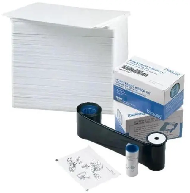 Main image of Datacard 532000-054 Metallic Silver Ribbon - 1,500 Prints for FP65, FP65i, SD260S, SD460, SP Series Printers with 500 Premium White Blank Plastic CR80 30 Mil PVC Cards