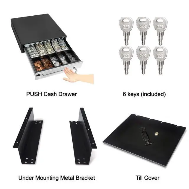Alt view image 2 of 7 - 16" Heavy Duty Black"Push" Open Cash Drawer, 5B5C with Under Counter Mounting Metal Bracket and Till Cover