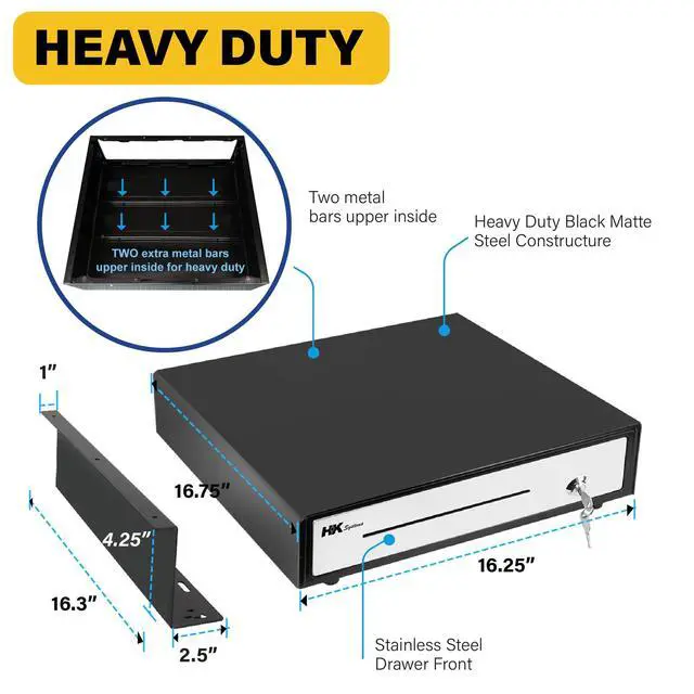 Alt view image 4 of 7 - 16" Heavy Duty Black"Push" Open Cash Drawer, 5B5C with Under Counter Mounting Metal Bracket and Till Cover