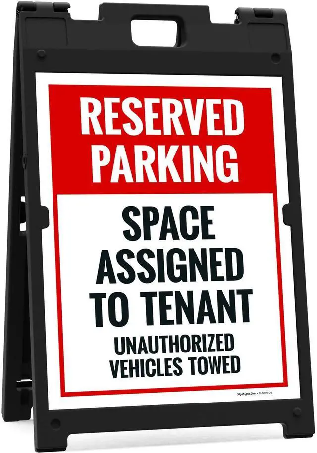 Main image of Reserved Parking Space Assigned to Tenant Unauthorized Vehicles Towed | Sidewalk Sign Kit, 18x24 Inches, with A Frame Stand, Made in USA by Sigo