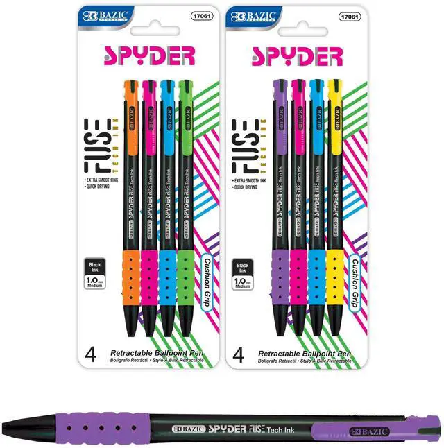 Main image of Spyder Retractable FUSE Tech Pens, Grip, Black Ink, 144-Case | Spyder retractable FUSE Tech ballpoint pens, color barrels, cushion grip, 1.0 mm medium, pocket clip
