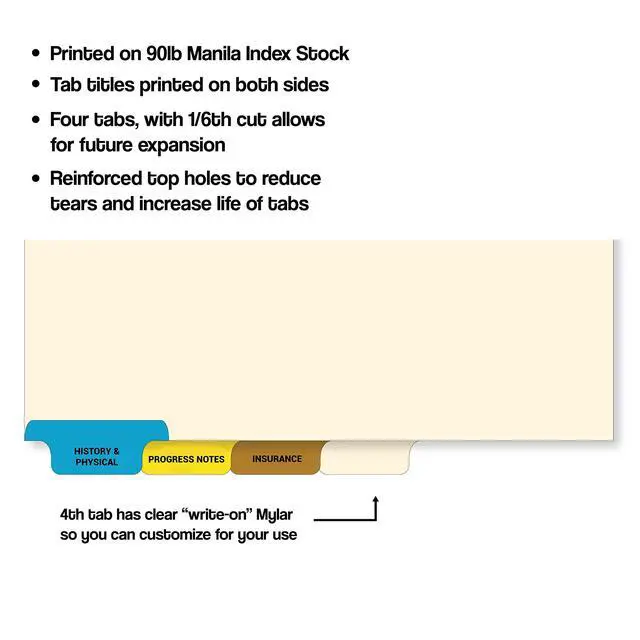 Alt view image 2 of 7 - Stock Medical Chart Dividers, 400 Sets of 4 Popular Healthcare Index Tabs, Bottom Tab, 8-1/2" x 11-3/8", File Folder Organizer for Nursing Patient Charts & Medical Records