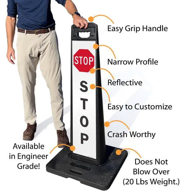 Alt view image 2 of 5 - Stop LotBoss Vertical Panel Sign Kit with Rubber Base, 7.875" x 35.5" 3M Engineer Grade Reflective Parking Lot Sign, Crash Proof Portable Plastic Frame, USA-Made
