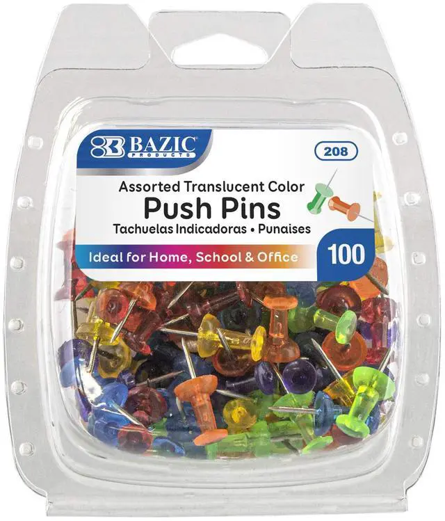 Main image of Translucent Push Pins, Assorted Colors, 100 Ct, 144-Case | sharp steel points that hold notes, photos, reminders on cork and bulletin