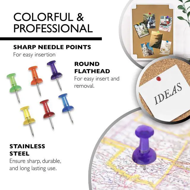 Alt view image 3 of 6 - Translucent Push Pins, Assorted Colors, 100 Ct, 144-Case | sharp steel points that hold notes, photos, reminders on cork and bulletin