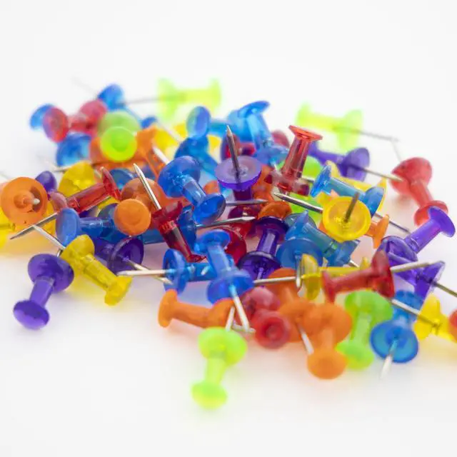 Alt view image 4 of 6 - Translucent Push Pins, Assorted Colors, 100 Ct, 144-Case | sharp steel points that hold notes, photos, reminders on cork and bulletin