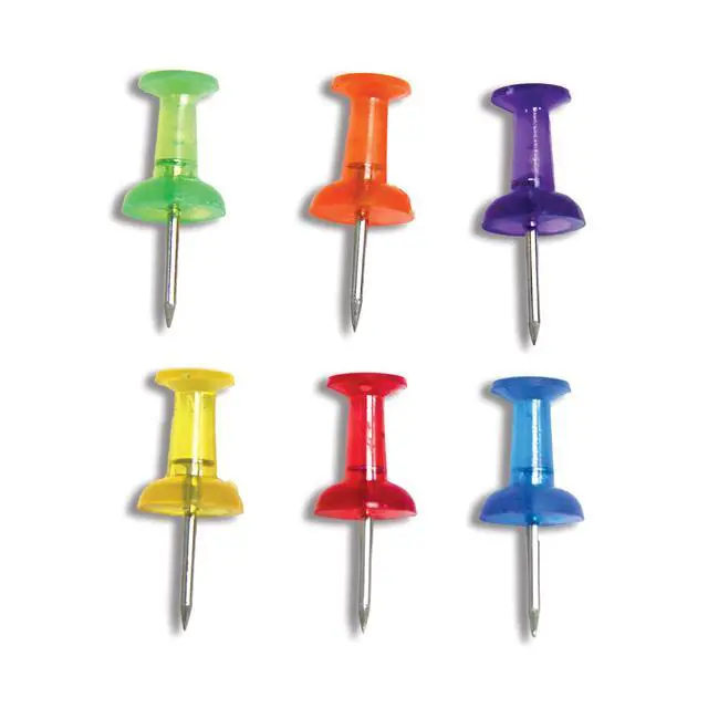 Alt view image 6 of 6 - Translucent Push Pins, Assorted Colors, 100 Ct, 144-Case | sharp steel points that hold notes, photos, reminders on cork and bulletin