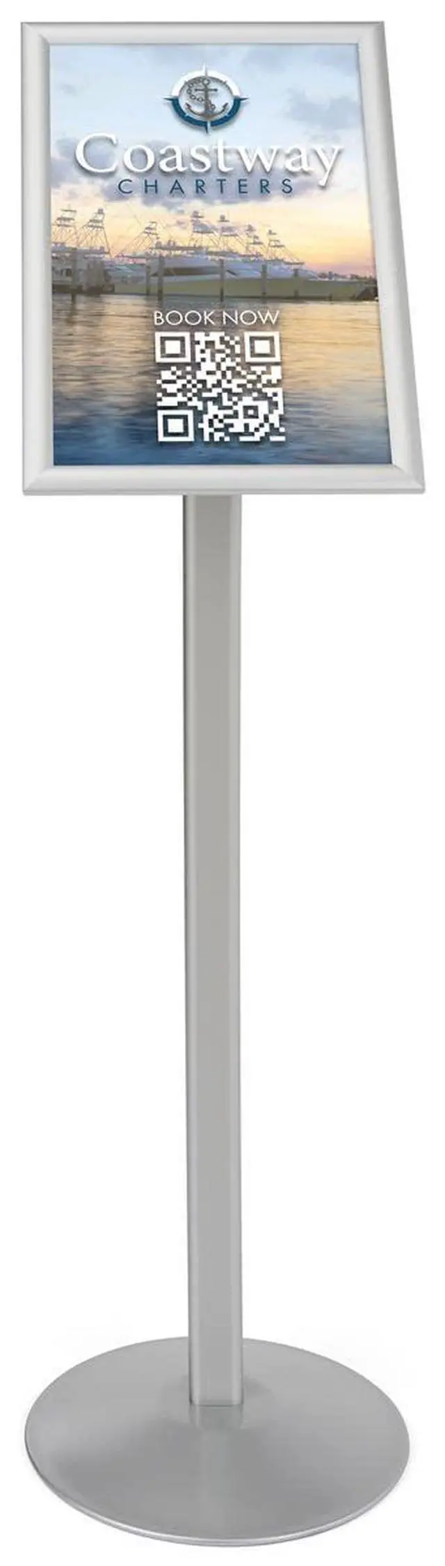 Alt view image 2 of 4 - Floor-Standing Sign Stand for 11 x 17 inch Poster, Snap-Open Frame - Silver Anodized Aluminum