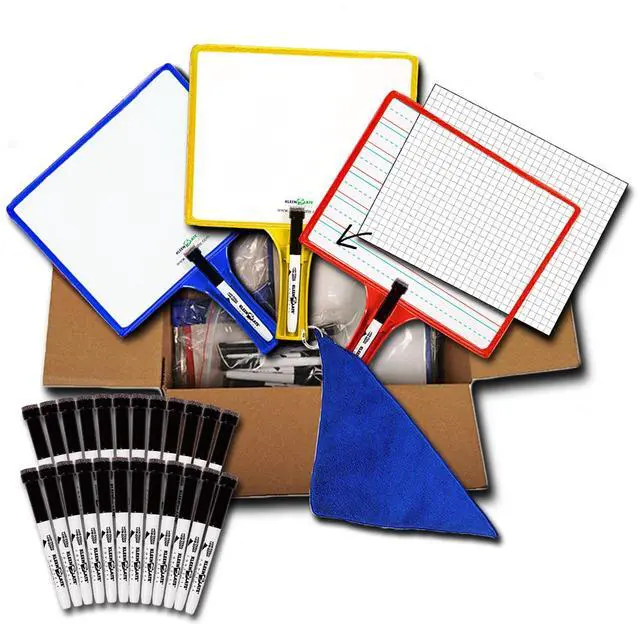 Main image of (24) 2-Sided Customizable Whiteboard w/Clear Dry Erase Sleeve for Interchangeable Templates and Graphic Organizers-Bonus 24 Microfiber Cloths w/Bookbinder Rings and 24 Markers