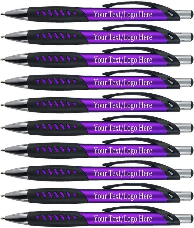 Main image of Promotional Pens With your Custom Logo or Text-300 Pack Bulk-for Businesses, Parties, and Events, Custom Printed Metallic/Colored Click Action Ballpoint Pens, Rubber Grip, Black Ink, Purple