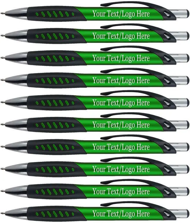 Main image of Promotional Pens With your Custom Logo or Text-300 Pack Bulk-for Businesses, Parties, and Events, Custom Printed Metallic/Colored Click Action Ballpoint Pens, Rubber Grip, Black Ink, Dark Green