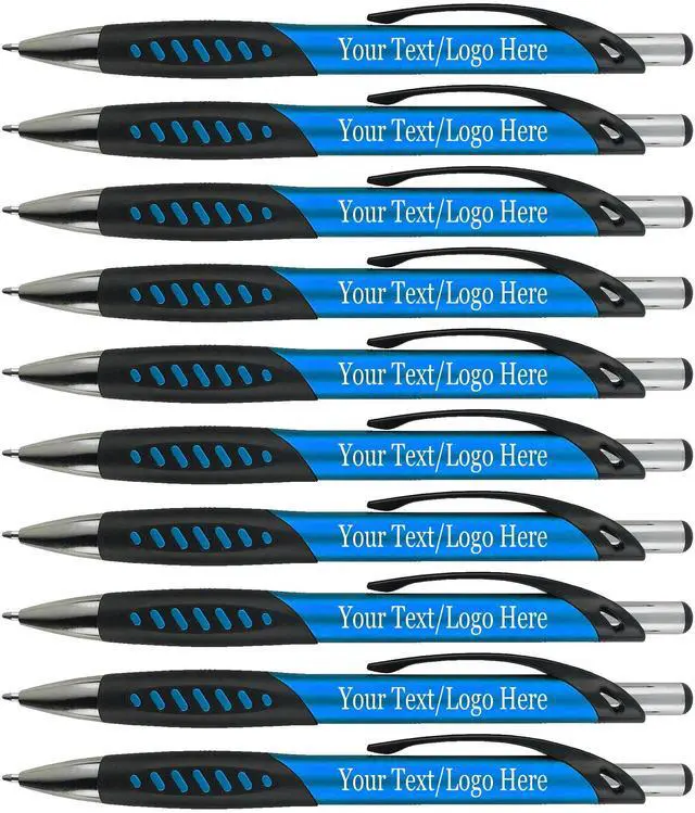Main image of Promotional Pens With your Custom Logo or Text-300 Pack Bulk-for Businesses, Parties, and Events, Custom Printed Metallic/Colored Click Action Ballpoint Pens, Rubber Grip, Black Ink, Light Blue