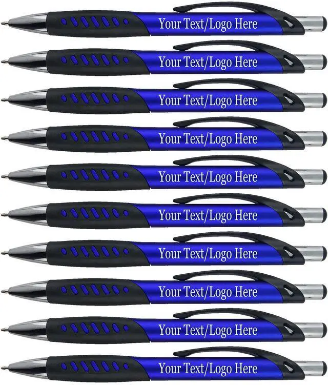 Main image of Promotional Pens With your Custom Logo or Text-300 Pack Bulk-for Businesses, Parties, and Events, Custom Printed Metallic/Colored Click Action Ballpoint Pens, Rubber Grip, Black Ink, Blue