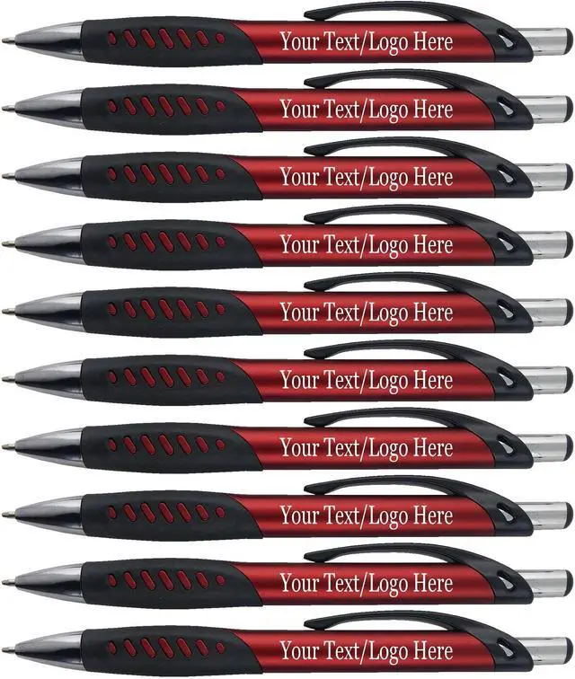 Main image of Promotional Pens With your Custom Logo or Text-300 Pack Bulk-for Businesses, Parties, and Events, Custom Printed Metallic/Colored Click Action Ballpoint Pens, Rubber Grip, Black Ink,Red