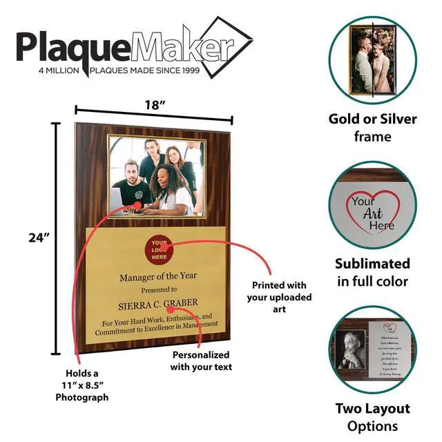 Alt view image 5 of 5 - Personalized Photo Plaque Add Your Custom Text and Artwork Comes w/a Silver or Gold Frame - Great for Manager on Duty Employee of the Month or Corporate Awards and Plaques (18 x 24" w/8.5 x 11" Frame)