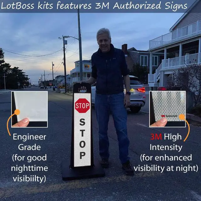 Alt view image 4 of 5 - Stop LotBoss Vertical Panel Sign Kit with Rubber Base, 7.875" x 35.5" 3M Engineer Grade Reflective Parking Lot Sign, Crash Proof Portable Plastic Frame, USA-Made