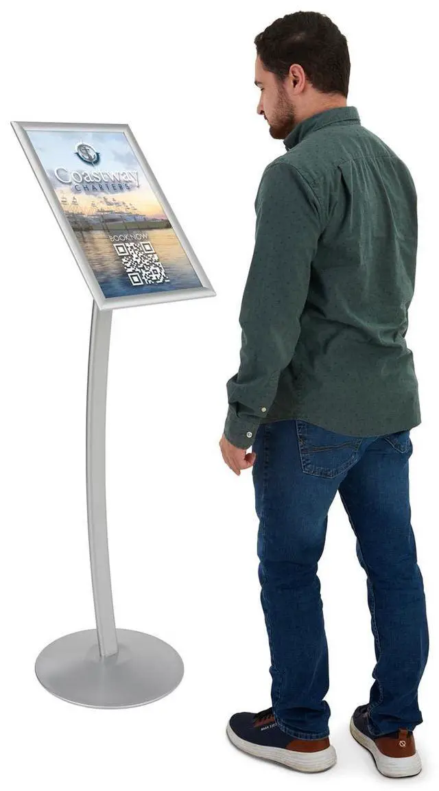 Alt view image 3 of 4 - Floor-Standing Sign Stand for 11 x 17 inch Poster, Snap-Open Frame - Silver Anodized Aluminum