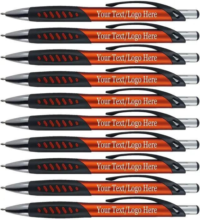 Main image of Promotional Pens With your Custom Logo or Text-300 Pack Bulk-for Businesses, Parties, and Events, Custom Printed Metallic/ Colored Click Action Ballpoint Pens, Rubber Grip, Black Ink, Orange Pens