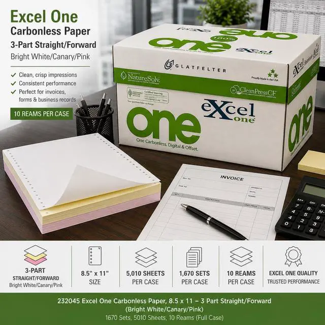 Alt view image 2 of 7 - 232045 Excel One Carbonless Paper, 8.5 x 11-3 part Straight/Forwward (Bright White/Canary/Pink), 1670 Sets, 5010 Sheets, 10 Reams (Full Case) (10 Reams, 1670 Sets)