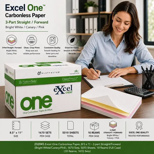 Alt view image 3 of 7 - 232045 Excel One Carbonless Paper, 8.5 x 11-3 part Straight/Forwward (Bright White/Canary/Pink), 1670 Sets, 5010 Sheets, 10 Reams (Full Case) (10 Reams, 1670 Sets)