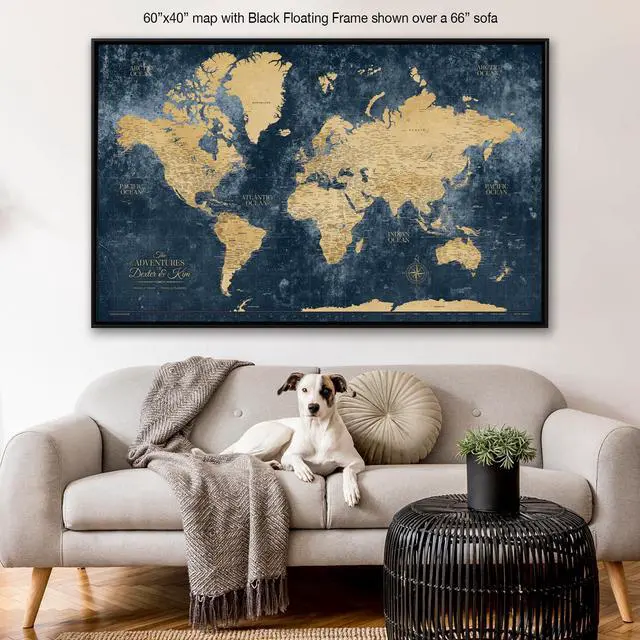 Alt view image 7 of 7 - Gold & Navy World Travel Map with Pins, Personalized World Map Pin Board to Track Places Visited, Customized Travel Tracker (60x40, Rolled/Unframed)