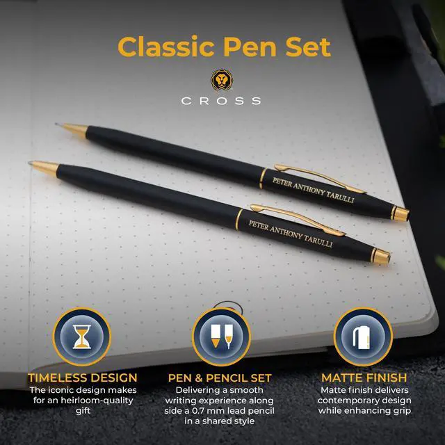 Alt view image 4 of 7 - Cross Classic Century Engraved Ballpoint Pen and 0.7mm Pencil Set, Matte Black with 23k Gold Trim, Personalized Gift for Graduation, Retirement, Career Advancement, Gift Box Included