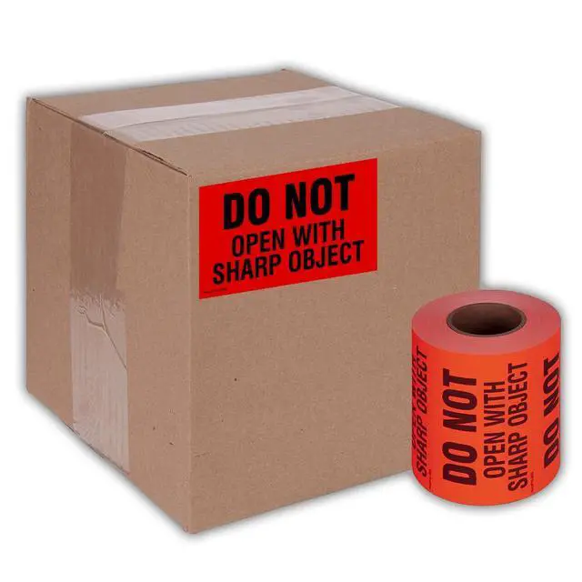Alt view image 5 of 5 - 3" X 5" Do not Open with Sharp Object Fluorescent Shipping Label Stickers - 500 Labels Per Roll (10 Pack)